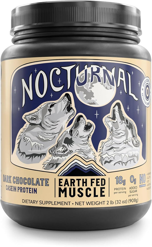 Earth Fed Muscle Nocturnal Protein Blend - Rich Dark Chocolate Flavor, 18g Protein, 23 Servings, Sugar Free, Keto, Soy Free, Gluten Free.