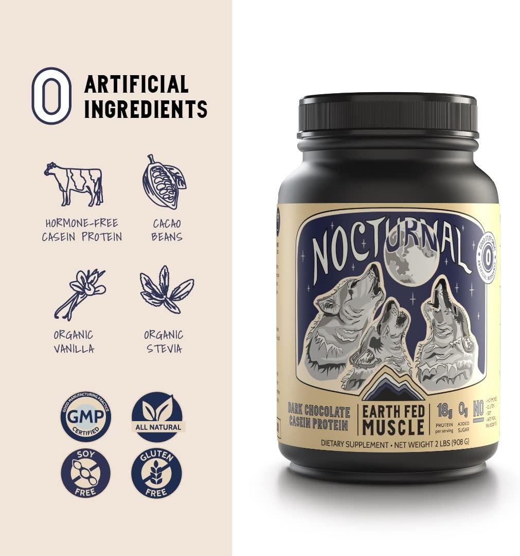 Earth Fed Muscle Nocturnal Protein Blend - Rich Dark Chocolate Flavor, 18g Protein, 23 Servings, Sugar Free, Keto, Soy Free, Gluten Free.