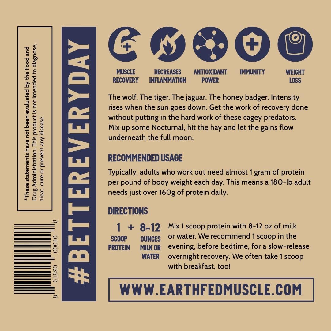 Earth Fed Muscle Nocturnal Protein Blend - Rich Dark Chocolate Flavor, 18g Protein, 23 Servings, Sugar Free, Keto, Soy Free, Gluten Free.