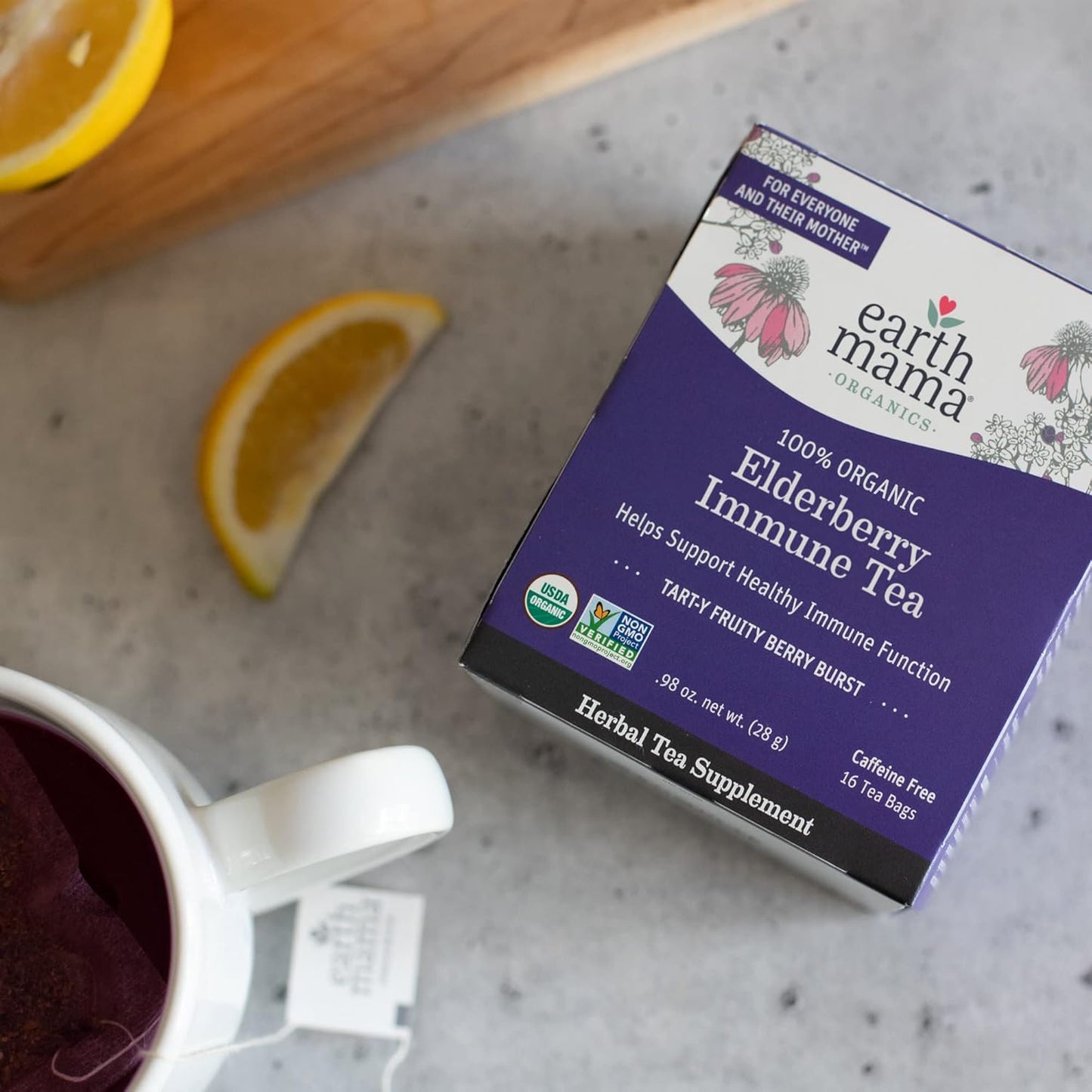 Earth Mama Organic Elderberry Immune Support Tea with Echinacea - Safe for Pregnancy, Breastfeeding, Postpartum, Kids & Family - Decaf Tea with Ginger & Rooibos - 16-Count (6-Pack)