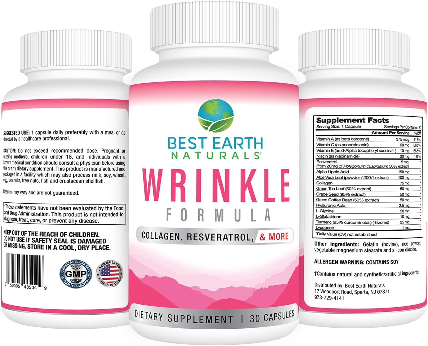 Earth Naturals Wrinkle Formula with Hyaluronic Acid, Niacinamide, Multi Vitamin, Collagen - Skin Vitamins for Men and Women - 30 Capsules