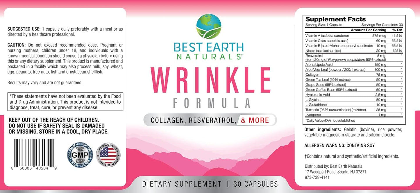 Earth Naturals Wrinkle Formula with Hyaluronic Acid, Niacinamide, Multi Vitamin, Collagen - Skin Vitamins for Men and Women - 30 Capsules