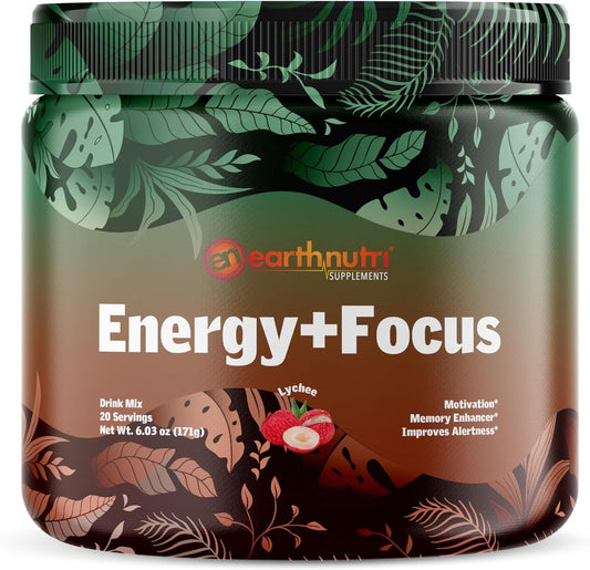 Earth Nutri Energy + Focus Powder - Boost Energy and Memory with Peak02, AlphaSize, Cognizin, PurCaf, Theacrine, Acetyl L Carnitine, L-Tyrosine - 20 Servings Lychee Flavor