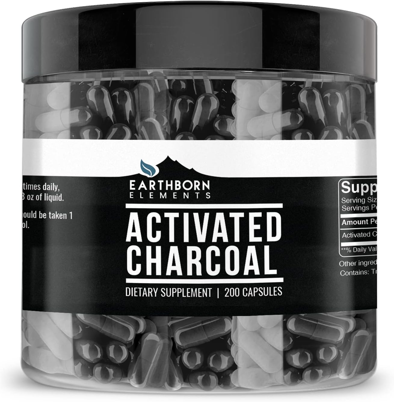 Earthborn Elements Activated Charcoal Capsules - 200 Capsules (525 MG) - Odorless & Non-Toxic Powder - Detox Cleanse Supplement
