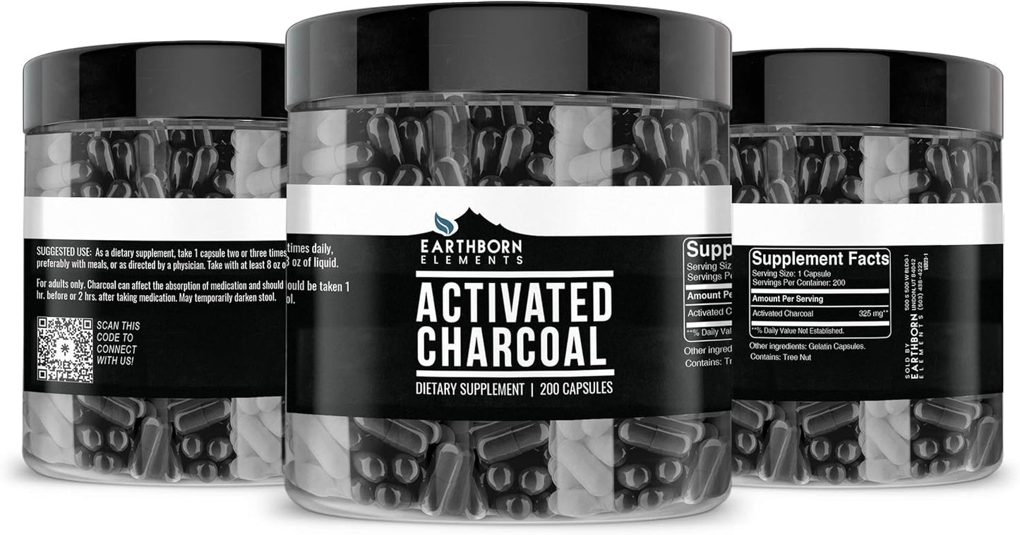 Earthborn Elements Activated Charcoal Capsules - 200 Capsules (525 MG) - Odorless & Non-Toxic Powder - Detox Cleanse Supplement