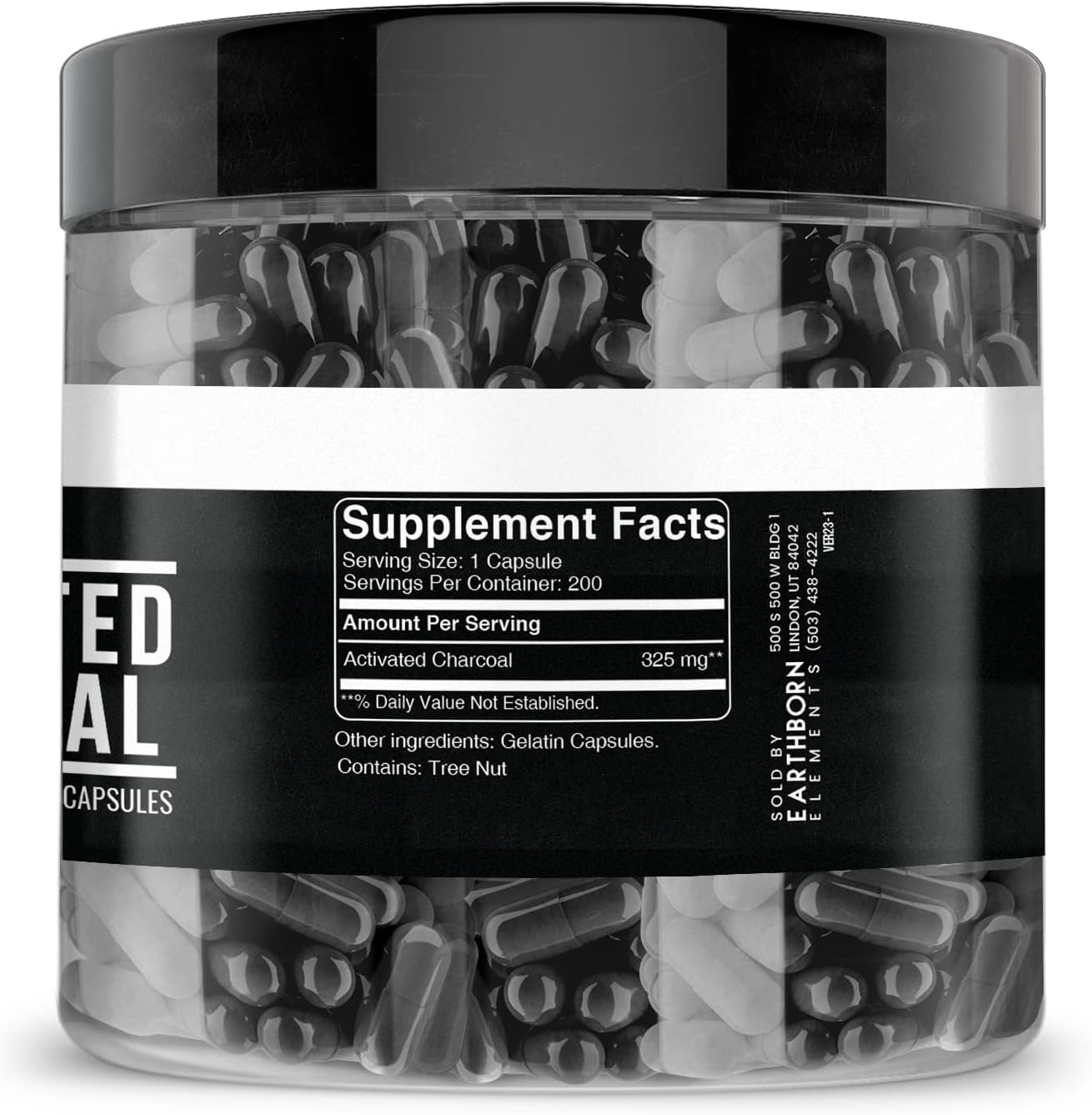 Earthborn Elements Activated Charcoal Capsules - 200 Capsules (525 MG) - Odorless & Non-Toxic Powder - Detox Cleanse Supplement