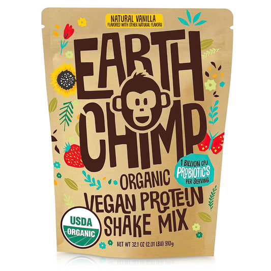 EarthChimp Organic Vegan Protein Powder with Probiotics - Plant Based Protein for Women and Men - Gluten Free Vanilla Powder - 26 Servings 32 Oz - BoostGo Australia