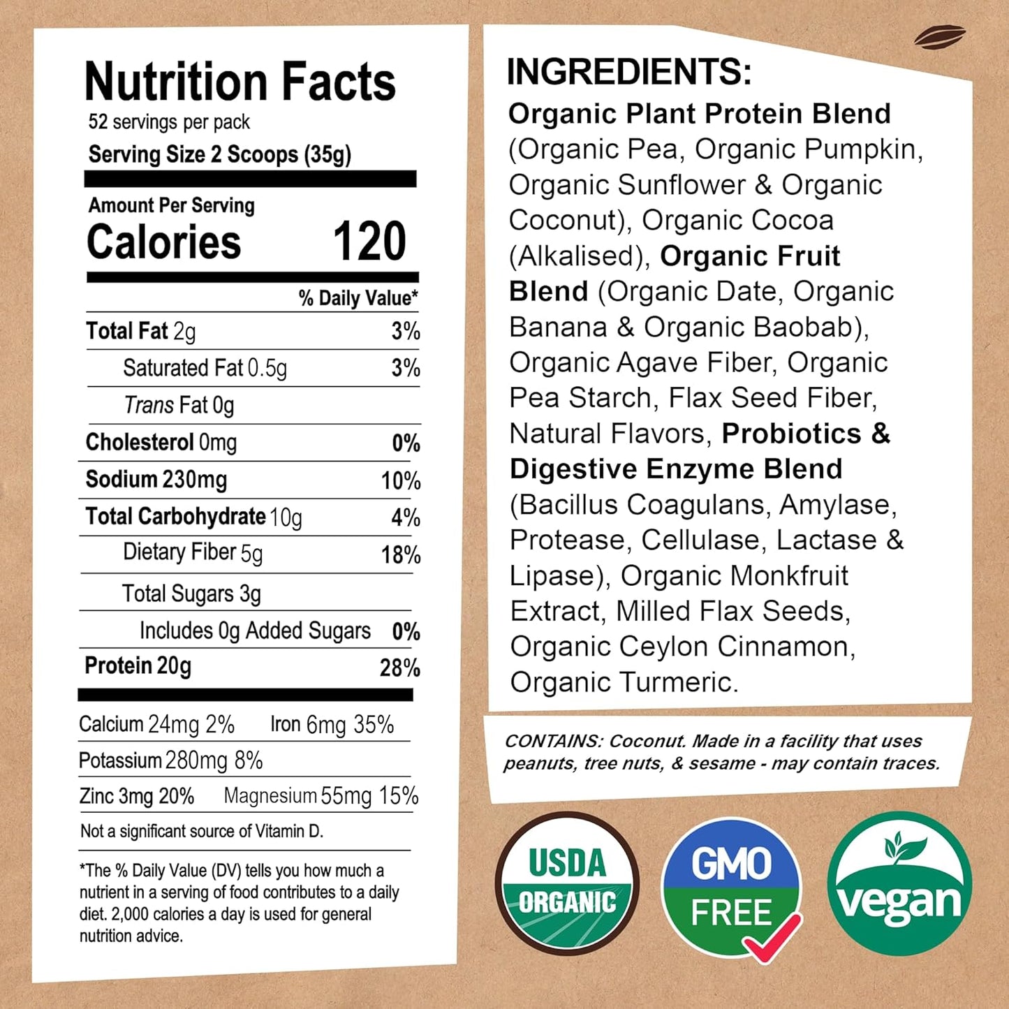 EarthChimp Organic Vegan Protein Powder with Probiotics - Non GMO, Dairy Free, Plant Based Protein for Women & Men - Gluten Free Chocolate Protein Powder - 52 Servings, 64 Oz