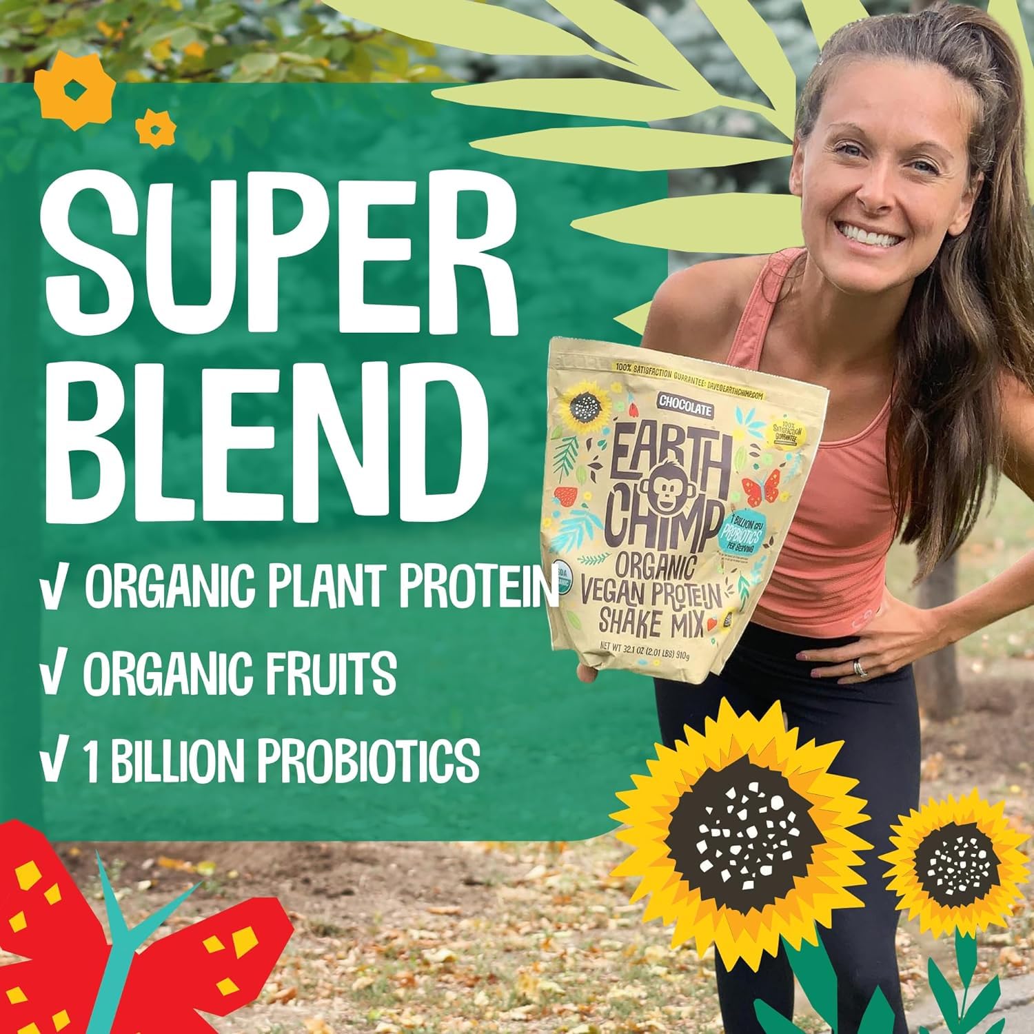 EarthChimp Organic Vegan Protein Powder with Probiotics - Plant Based Protein for Women and Men - Gluten Free Vanilla Powder - 26 Servings 32 Oz - BoostGo Australia