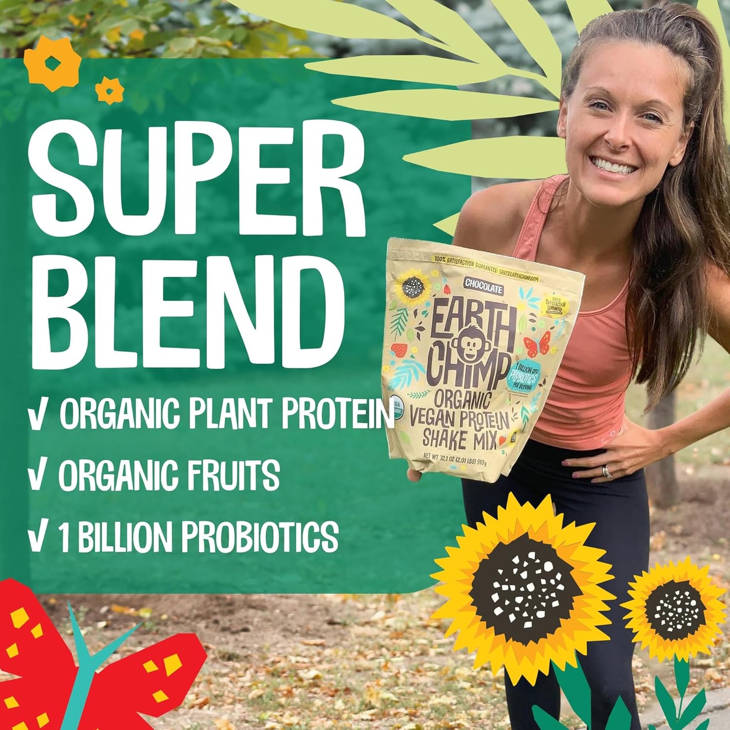 EarthChimp Organic Vegan Protein Powder with Probiotics - Non GMO, Dairy Free, Plant Based Protein for Women & Men - Gluten Free Chocolate Protein Powder - 52 Servings, 64 Oz