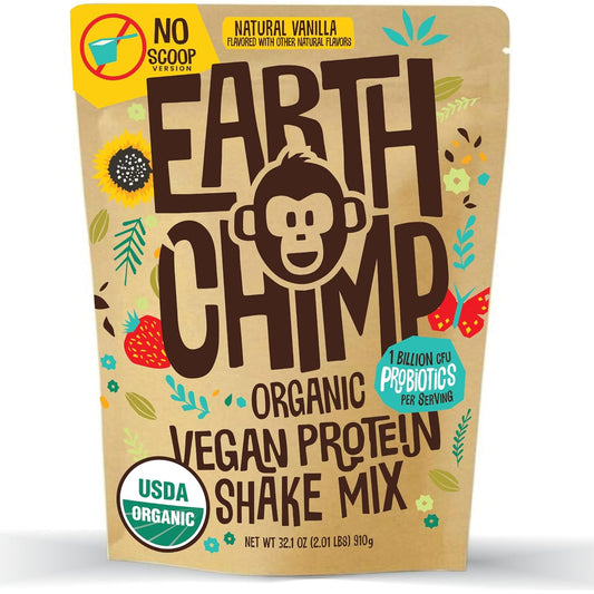 EarthChimp Vanilla Organic Vegan Protein Powder with Probiotics - Non GMO, Dairy Free, Plant Based Protein for Women and Men - Gluten Free - 26 Servings 32 Oz