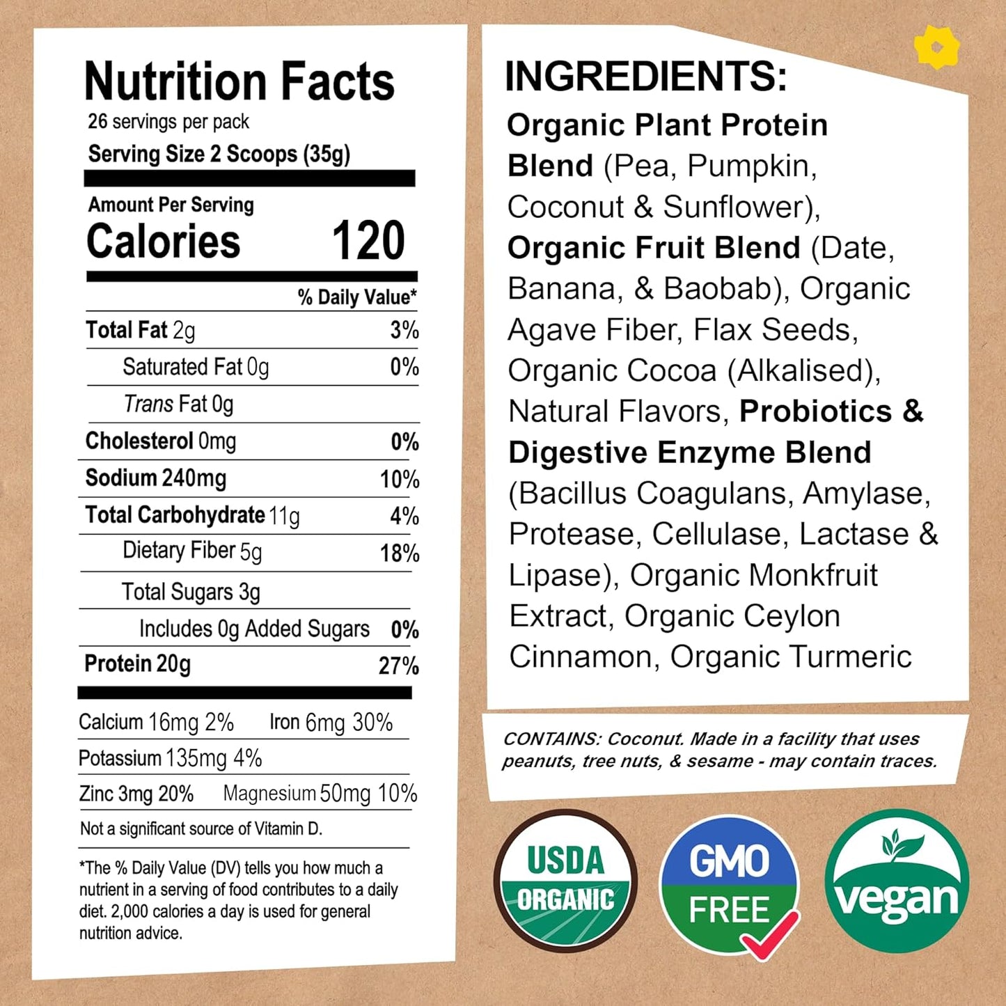 EarthChimp Vanilla Organic Vegan Protein Powder with Probiotics - Non GMO, Dairy Free, Plant Based Protein for Women and Men - Gluten Free - 26 Servings 32 Oz