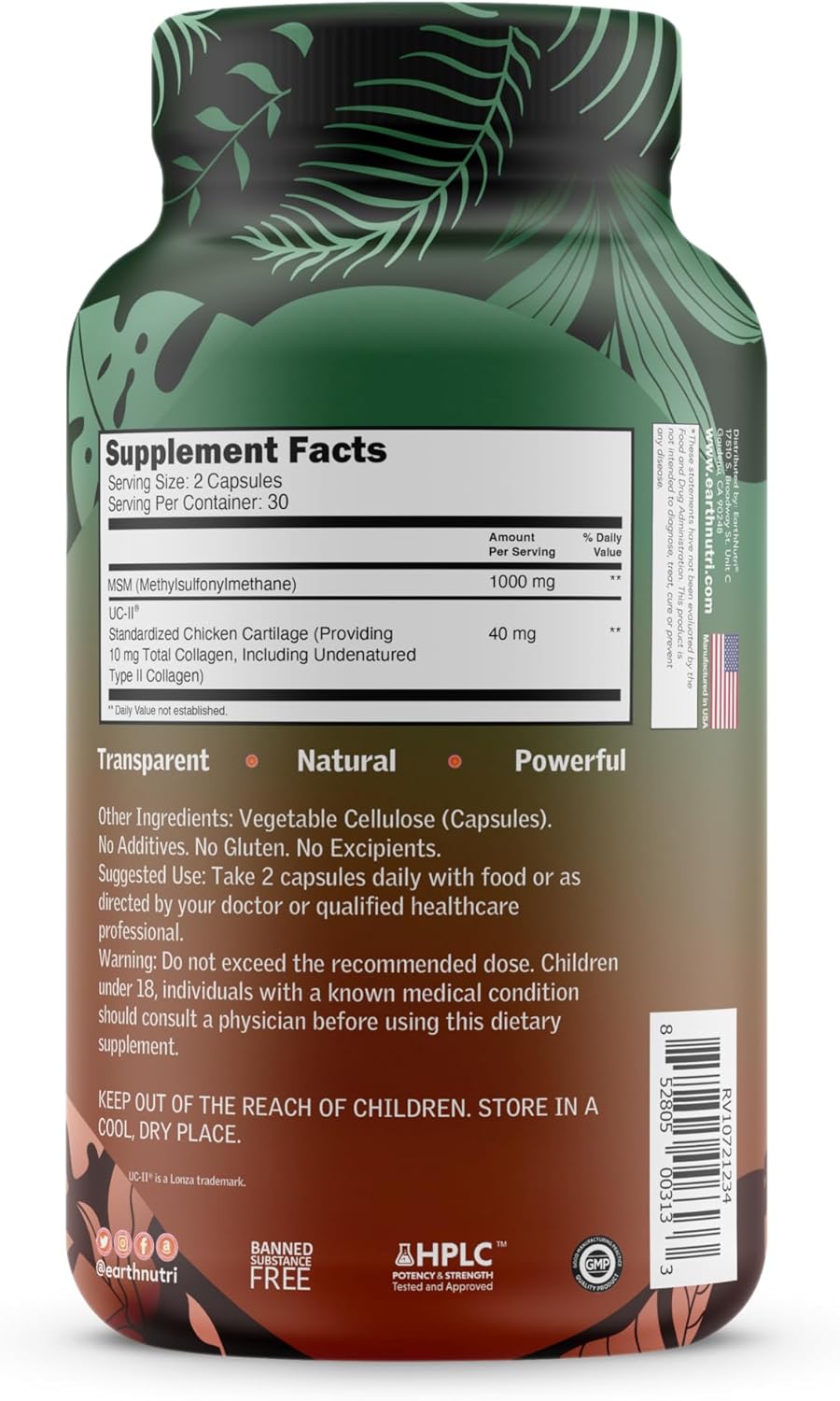 EarthNutri UC-II + MSM Capsules for Bone Health and Joint Flexibility - Supports Healthy Joint Repair and Mobility - 40mg UC-II Collagen & 1000mg MSM - 60 Count Veg Caps