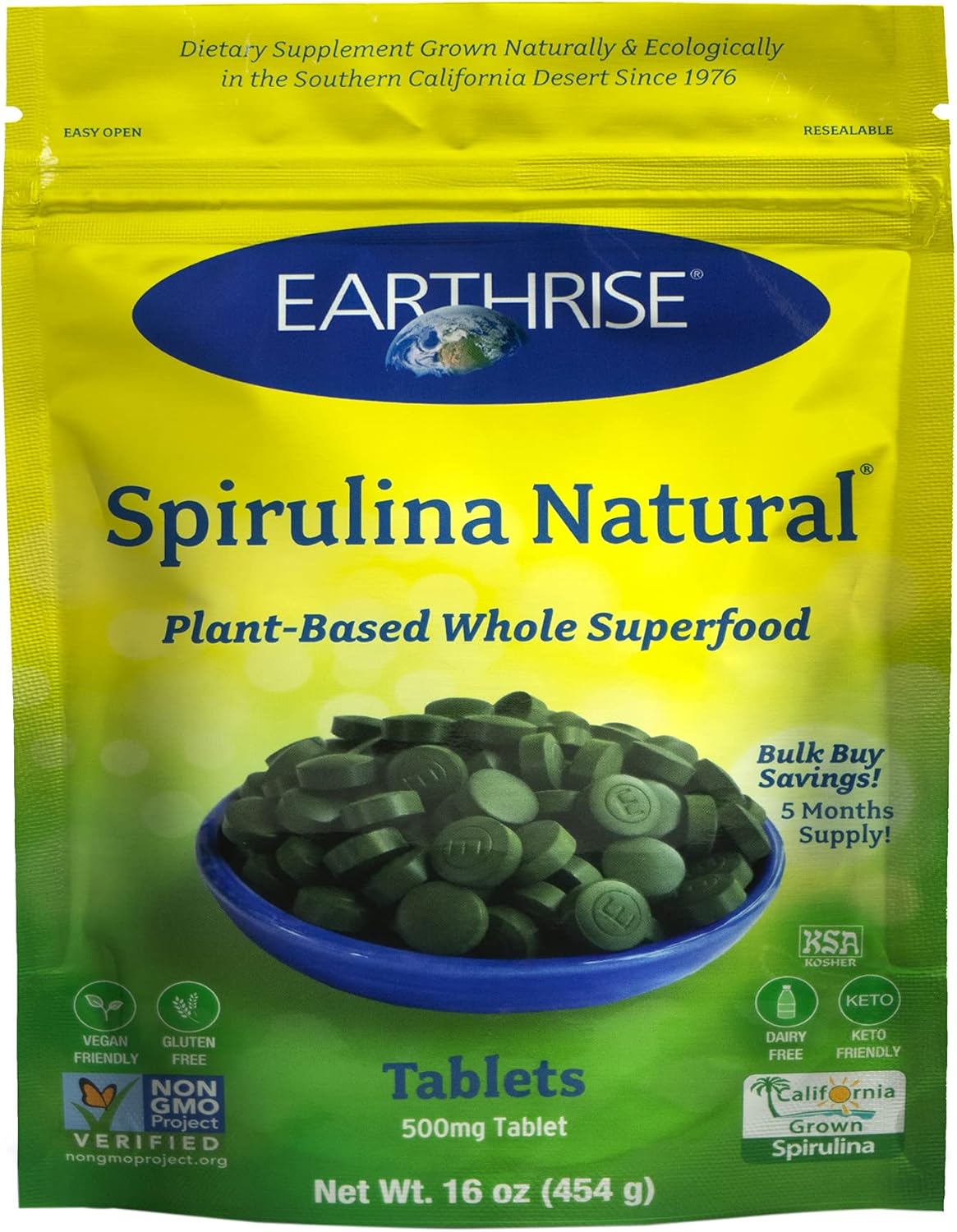 Earthrise Spirulina 500mg Tablets - Pure Californian Superfood, Vegan, Gluten Free, Keto Friendly, Non-GMO - High in Vitamins & Minerals - 1 LB (150 Servings)