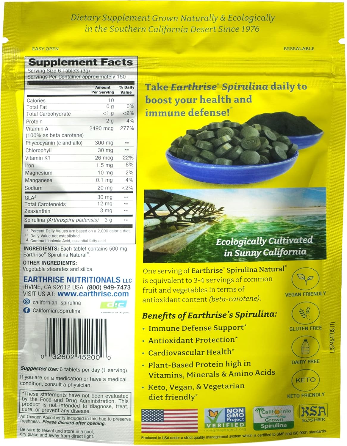 Earthrise Spirulina 500mg Tablets - Pure Californian Superfood, Vegan, Gluten Free, Keto Friendly, Non-GMO - High in Vitamins & Minerals - 1 LB (150 Servings)
