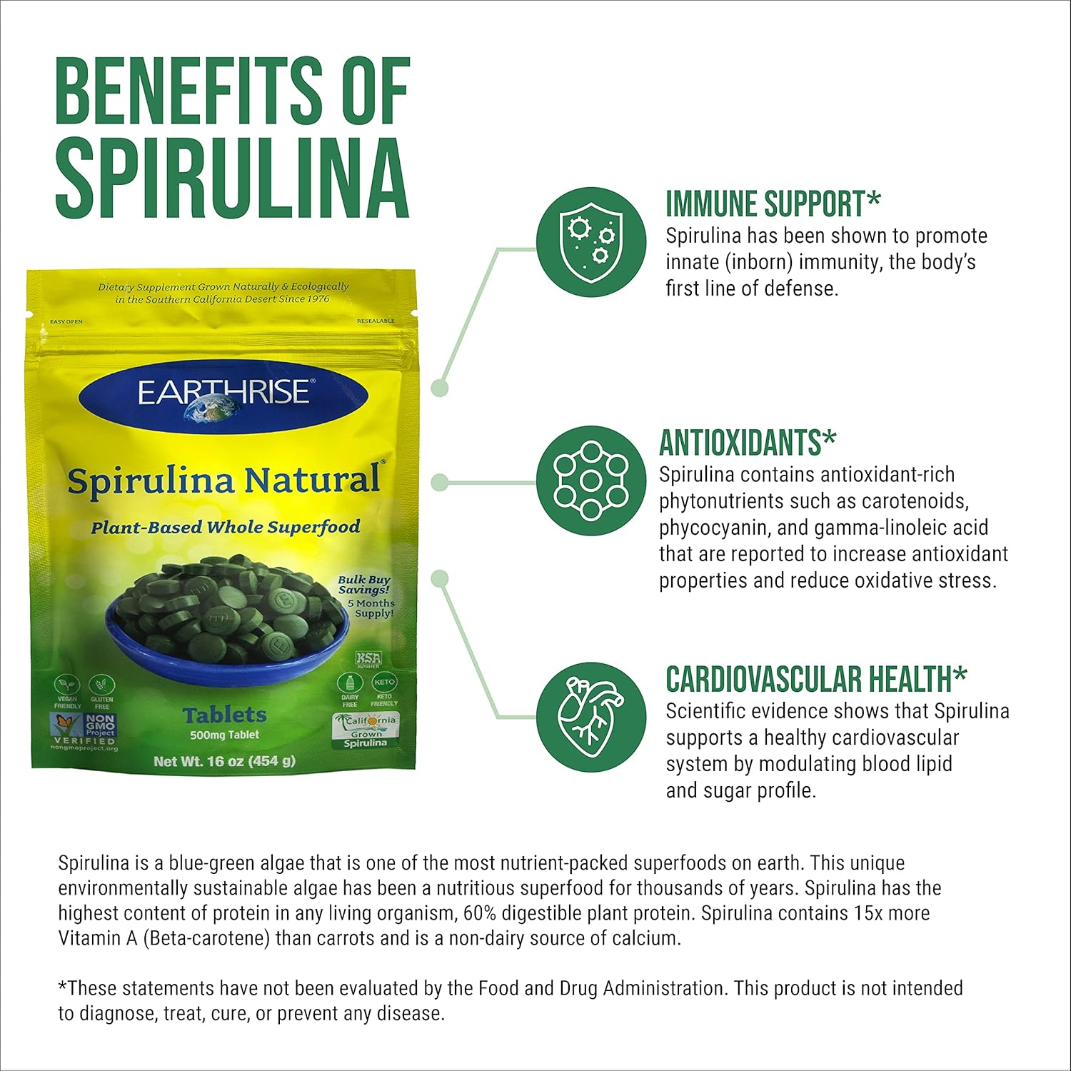 Earthrise Spirulina 500mg Tablets - Pure Californian Superfood, Vegan, Gluten Free, Keto Friendly, Non-GMO - High in Vitamins & Minerals - 1 LB (150 Servings)