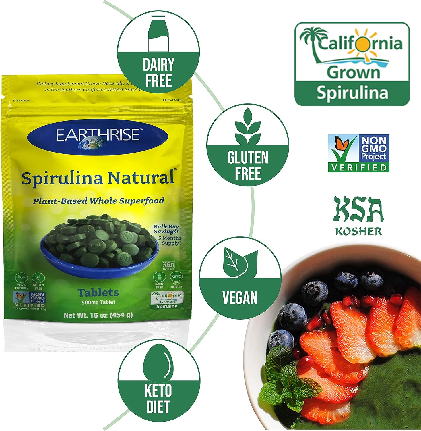 Earthrise Spirulina 500mg Tablets - Pure Californian Superfood, Vegan, Gluten Free, Keto Friendly, Non-GMO - High in Vitamins & Minerals - 1 LB (150 Servings)