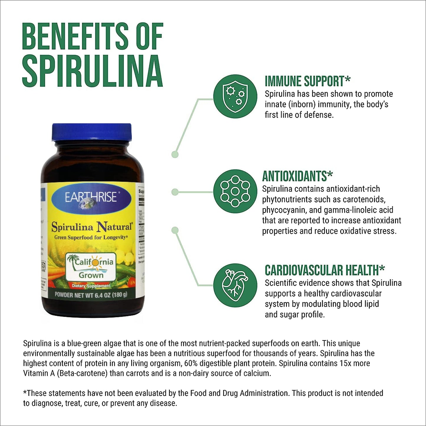 Earthrise Spirulina Natural 6.4oz Powder - Premium California Superfood, Vegan, Gluten-Free, Keto-Friendly, Non-GMO, High in Vitamins & Minerals