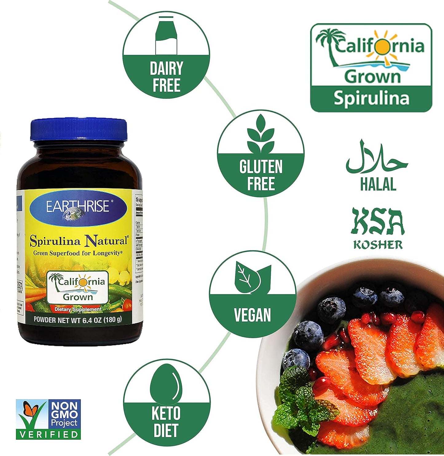 Earthrise Spirulina Natural 6.4oz Powder - Premium California Superfood, Vegan, Gluten-Free, Keto-Friendly, Non-GMO, High in Vitamins & Minerals