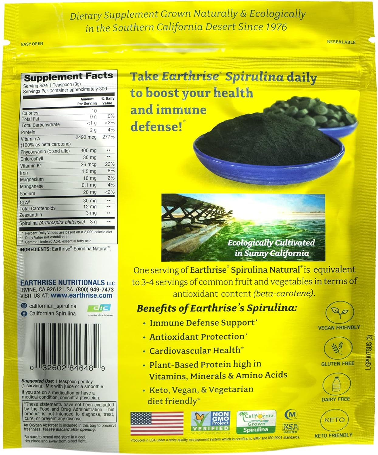 Earthrise Spirulina Natural Powder 32oz - Premium California Spirulina, Vegan, Gluten Free, Keto Friendly, Non-GMO Superfood, High in Vitamins & Minerals - 2 LB Pack