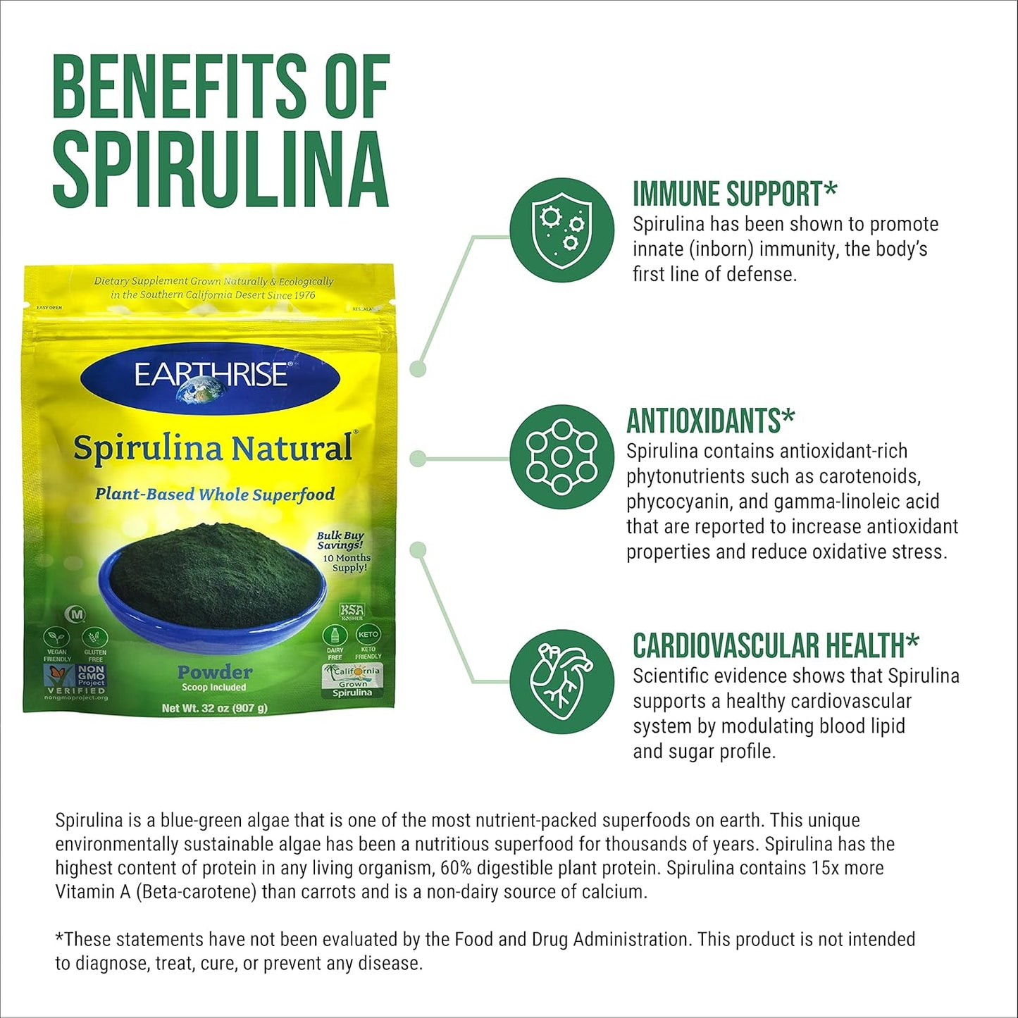 Earthrise Spirulina Natural Powder 32oz - Premium California Spirulina, Vegan, Gluten Free, Keto Friendly, Non-GMO Superfood, High in Vitamins & Minerals - 2 LB Pack
