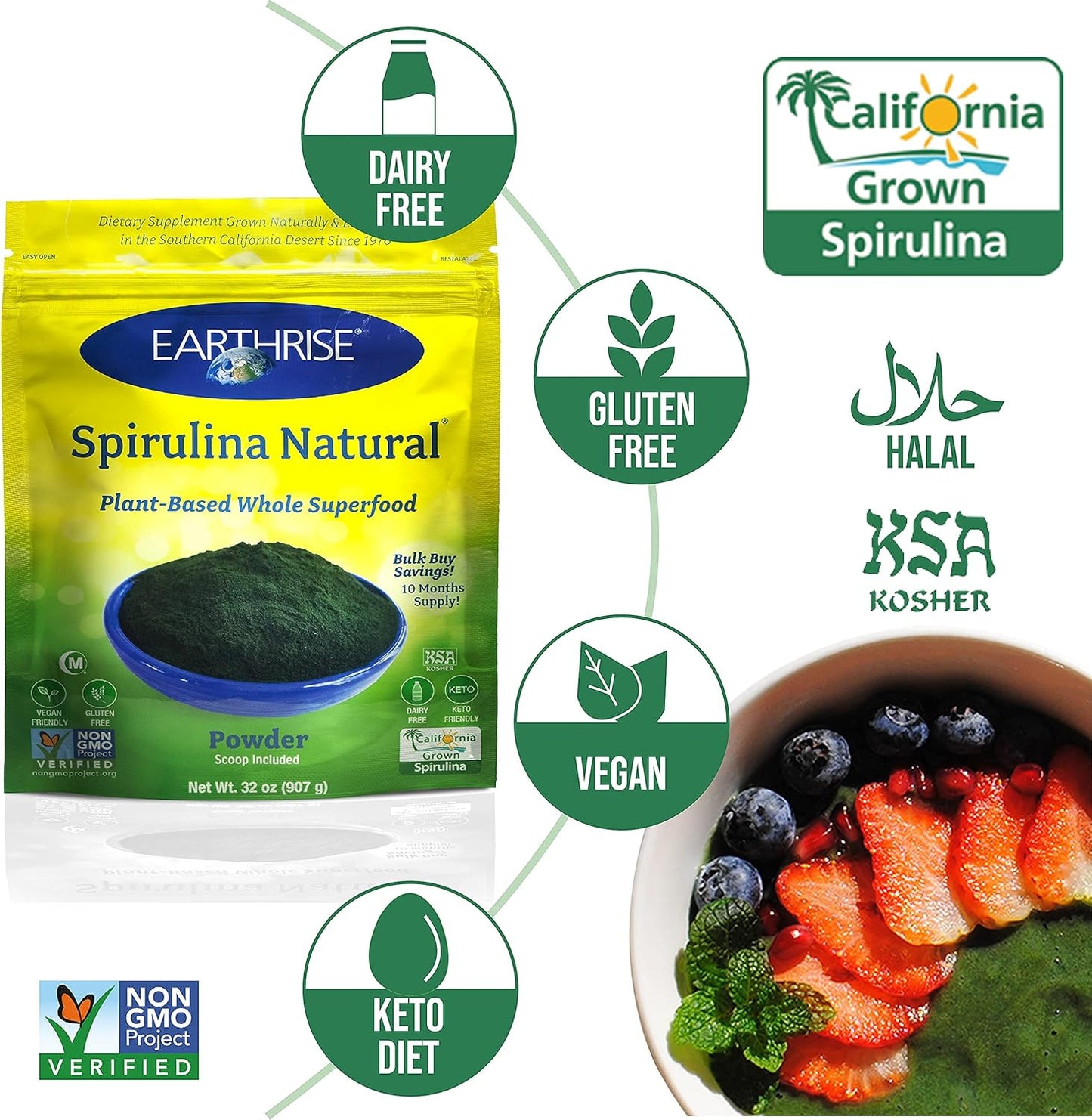 Earthrise Spirulina Natural Powder 32oz - Premium California Spirulina, Vegan, Gluten Free, Keto Friendly, Non-GMO Superfood, High in Vitamins & Minerals - 2 LB Pack