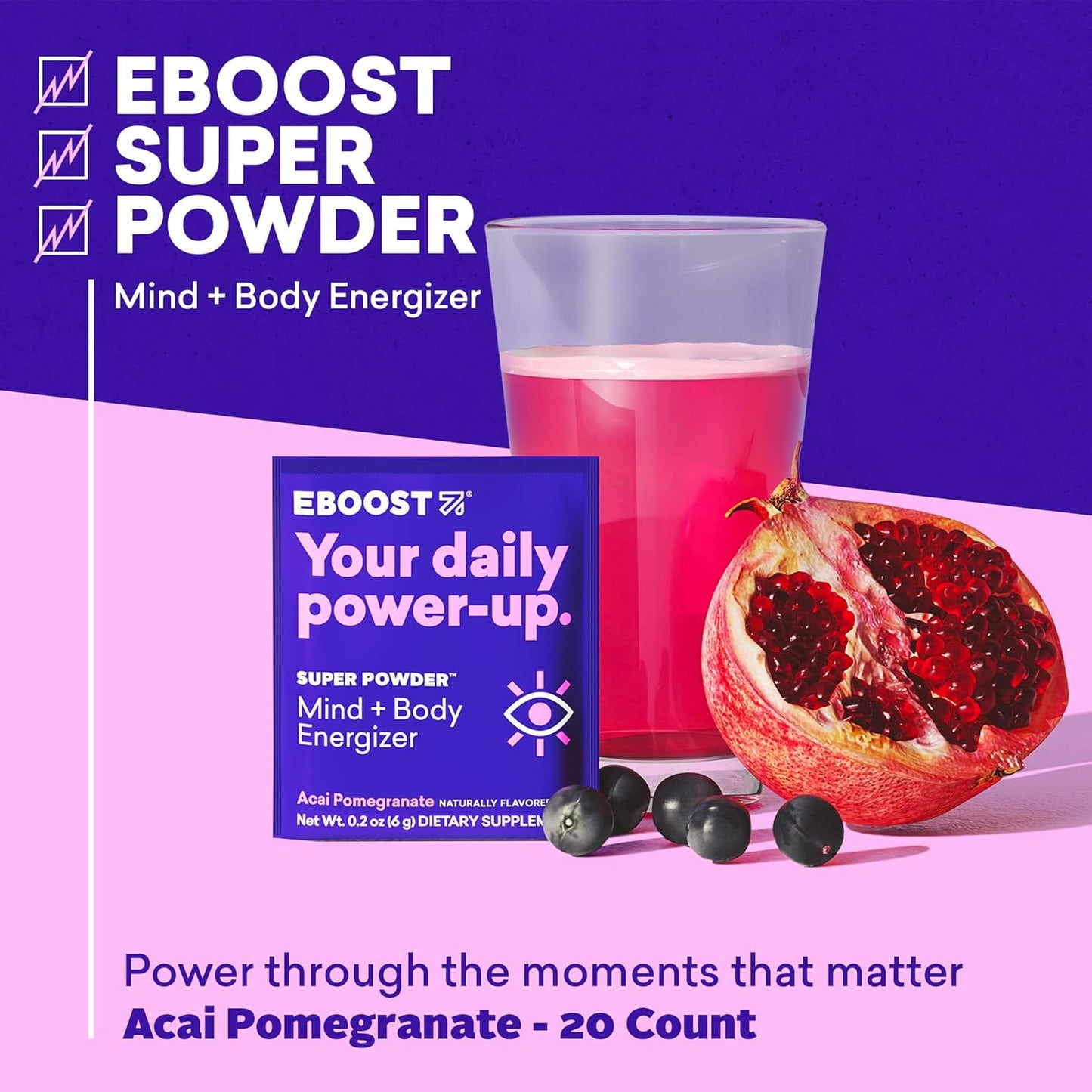 EBOOST Acai Pomegranate Energy Powder Drink Mix - Non-GMO Electrolyte Supplement with Vitamins - 20 Pack
