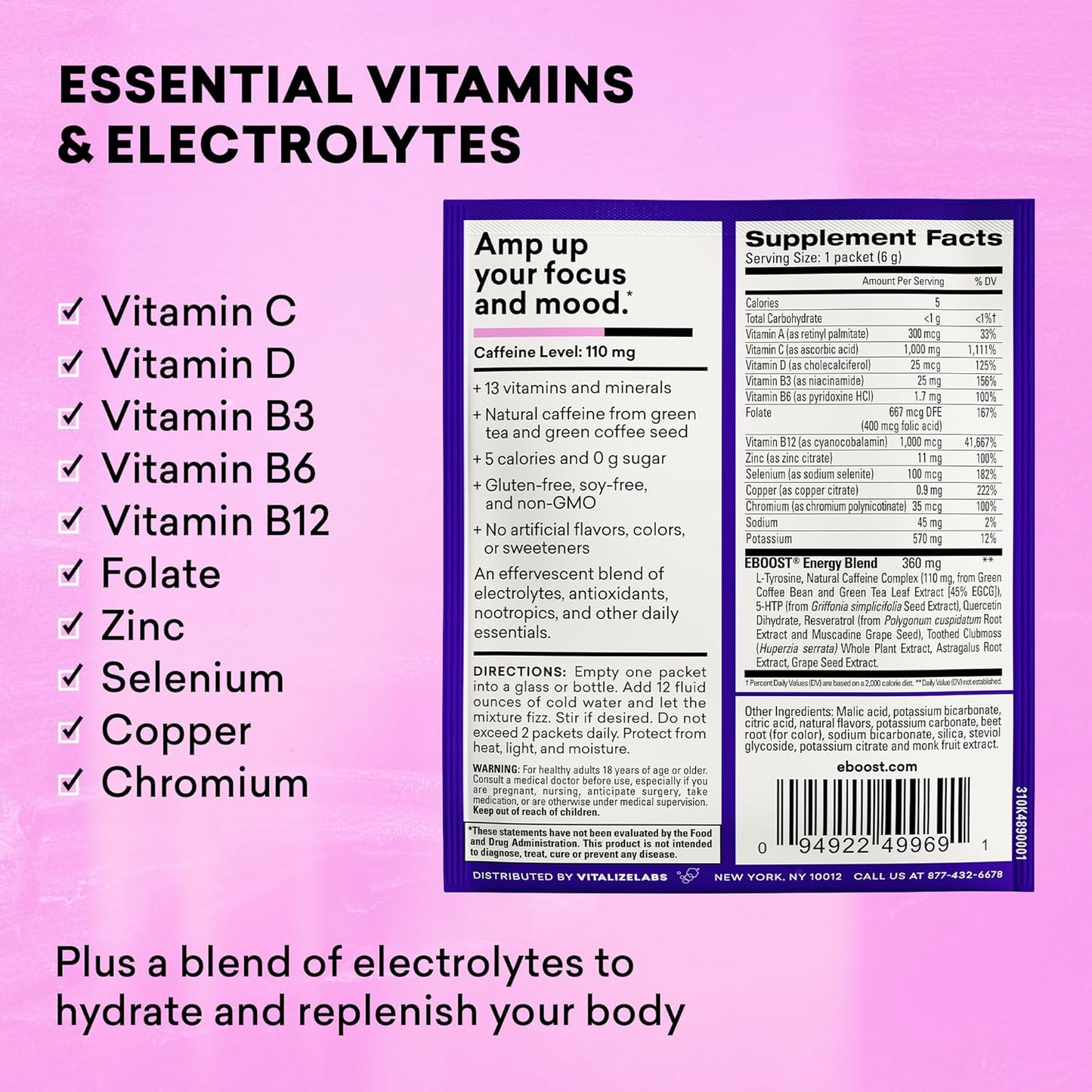 EBOOST Acai Pomegranate Energy Powder Drink Mix - Non-GMO Electrolyte Supplement with Vitamins - 20 Pack