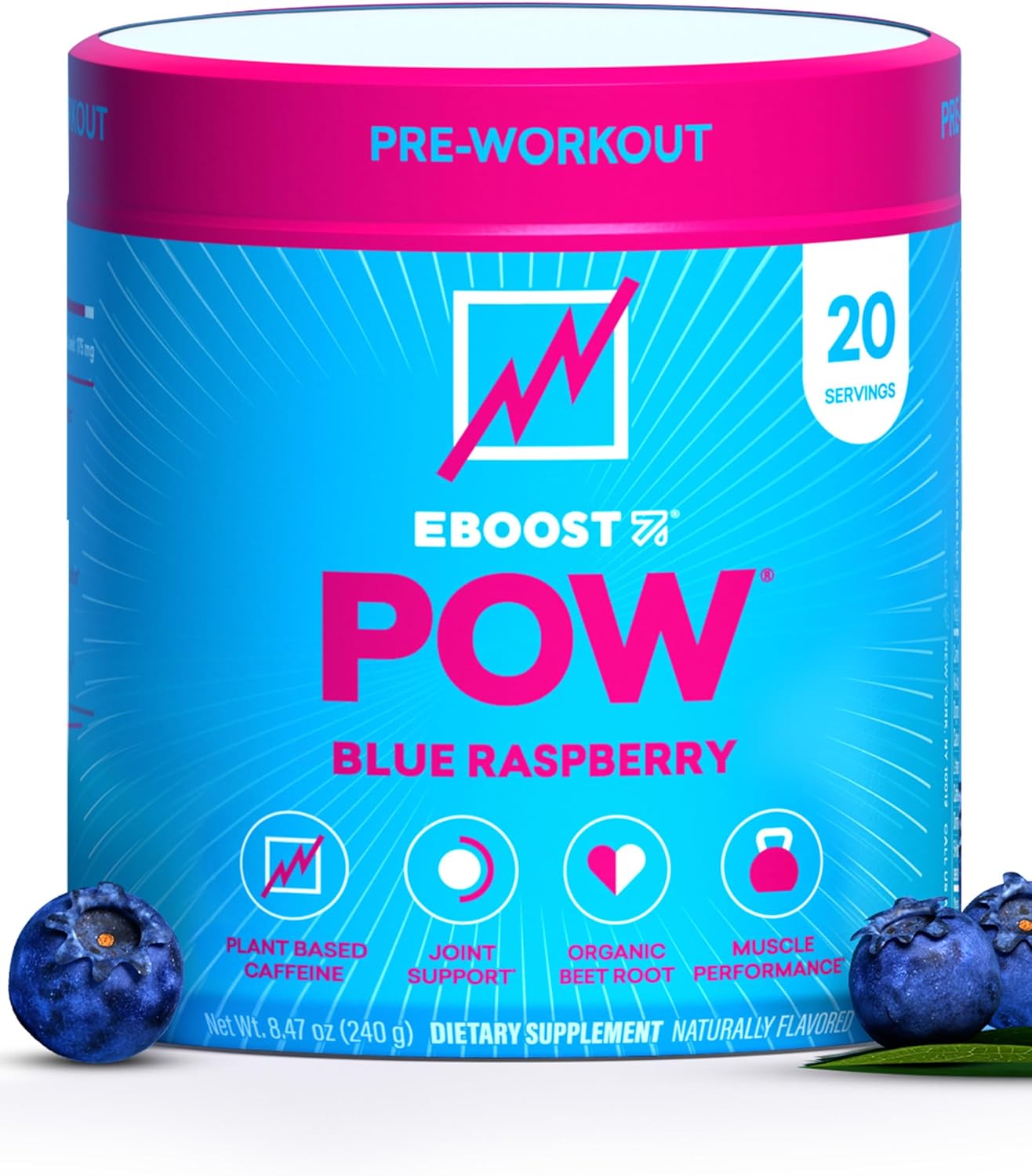 EBOOST POW Blue Raspberry Pre Workout Powder - 20 Servings for Energy and Performance - Joint Mobility Support - Non-GMO, Gluten-Free - Men and Women's Supplement