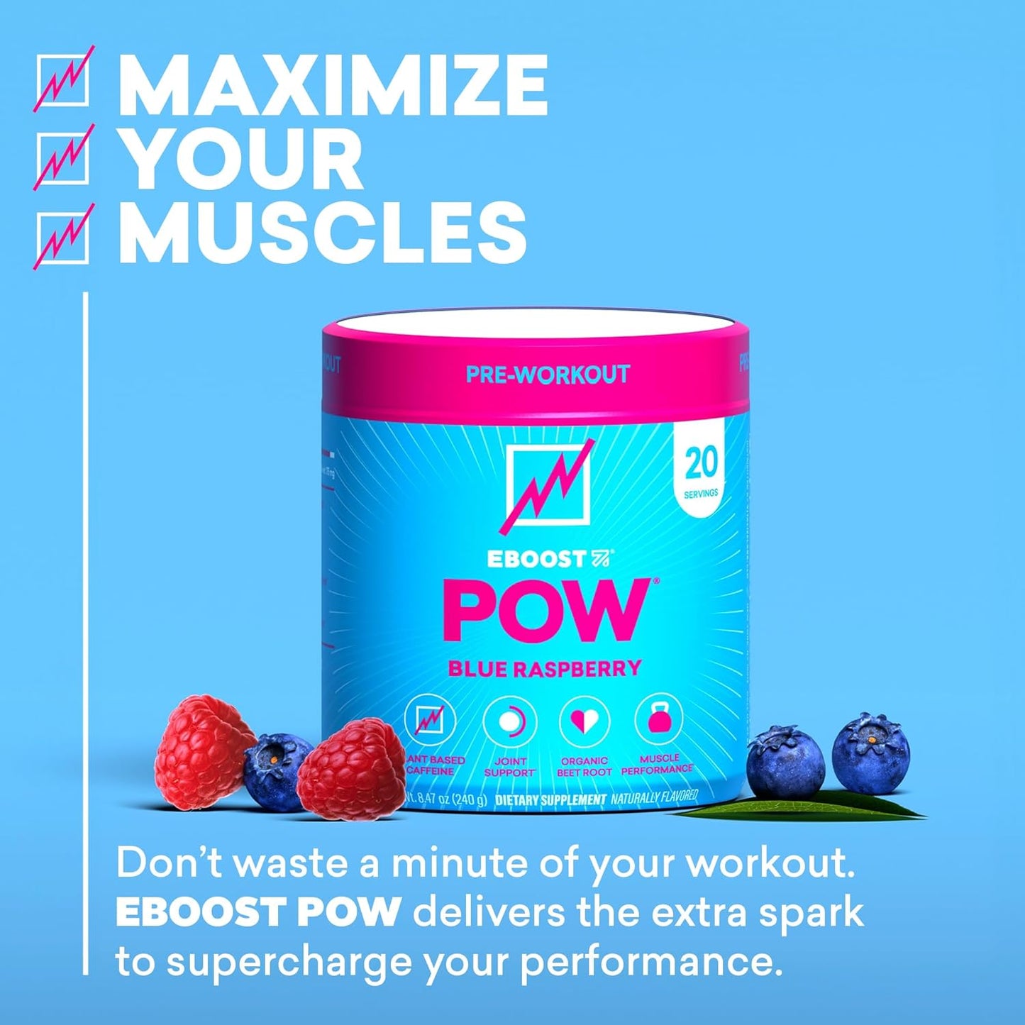 EBOOST POW Blue Raspberry Pre Workout Powder - 20 Servings for Energy and Performance - Joint Mobility Support - Non-GMO, Gluten-Free - Men and Women's Supplement