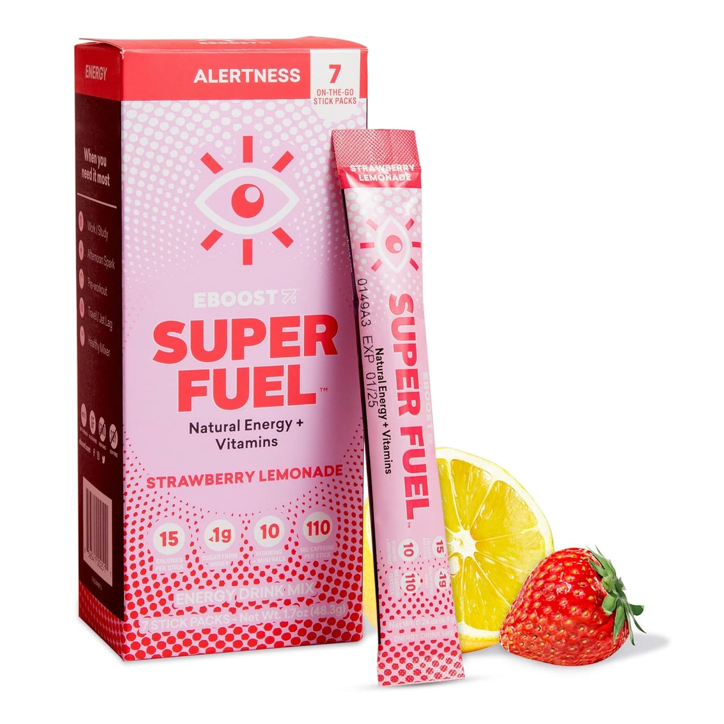 EBOOST Super Fuel Strawberry Lemonade Energy Drink Powder - 7 Packets - Preworkout Mix with Natural Energy, Vitamins, L-Tyrosine, L-Theanine - Ideal for Women & Men on the Go