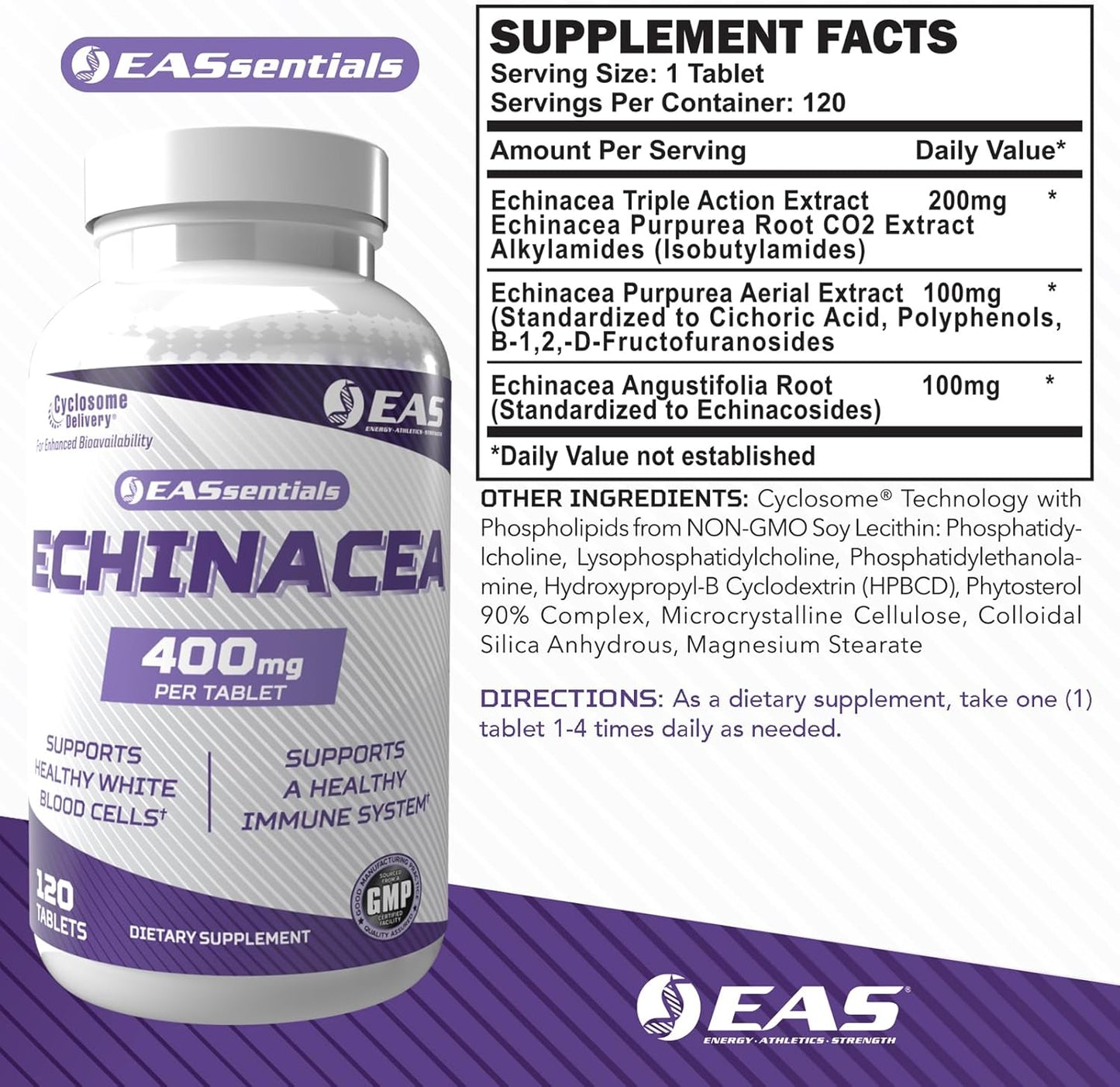 Echinacea 400mg Tri Blend Tablets for Immune & Respiratory Support | Enhanced Absorption with Cyclosome Delivery | Gluten Free & Non GMO | 120 Tablets