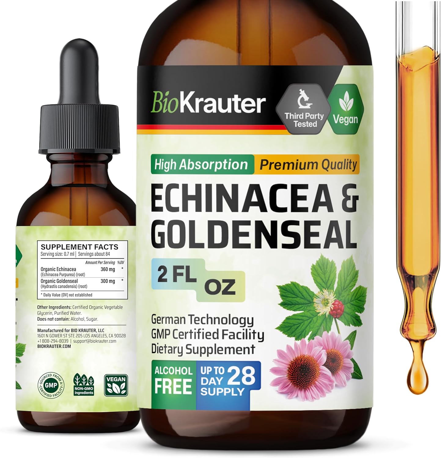 Echinacea and Goldenseal Root Liquid Extract for Immune Support - Vegan Tincture - 2 Fl.Oz.