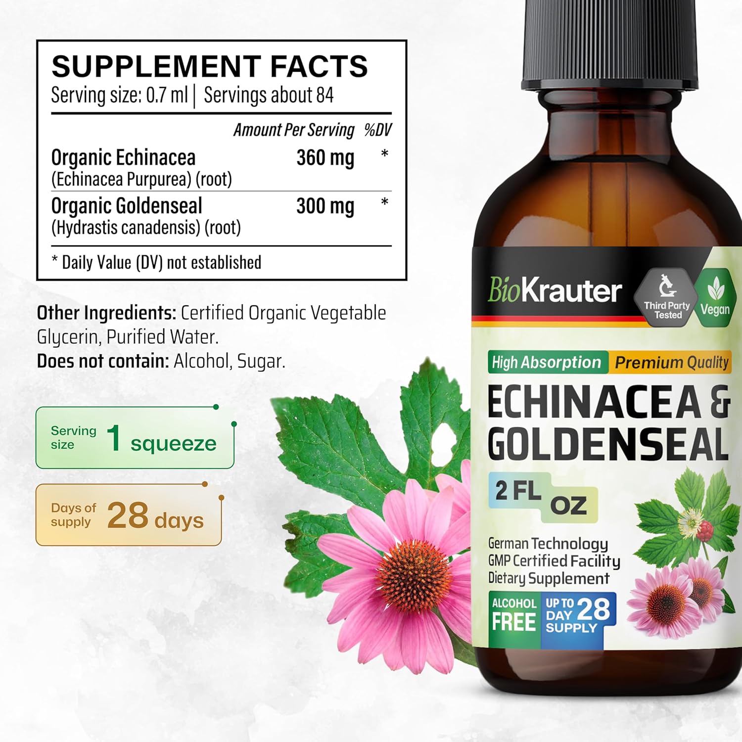 Echinacea and Goldenseal Root Liquid Extract for Immune Support - Vegan Tincture - 2 Fl.Oz.