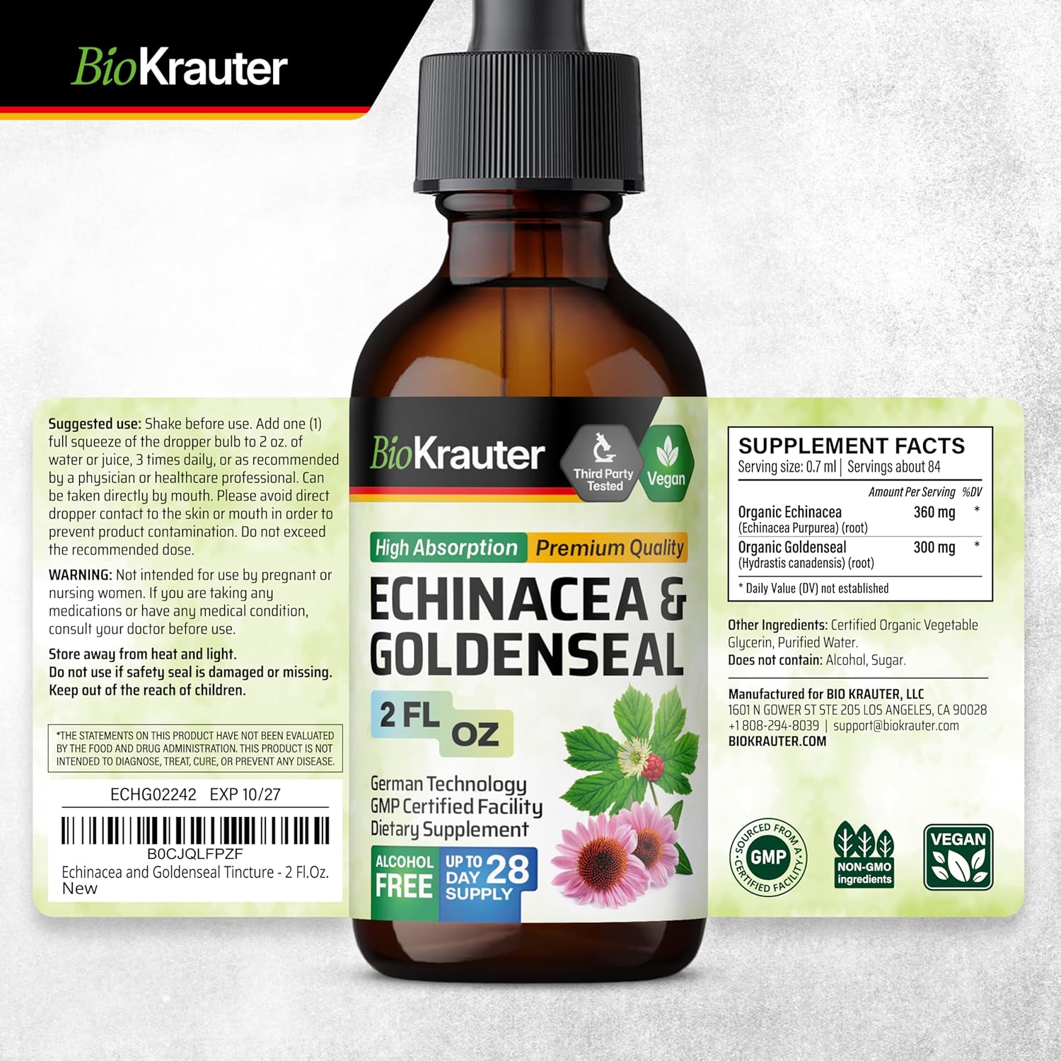 Echinacea and Goldenseal Root Liquid Extract for Immune Support - Vegan Tincture - 2 Fl.Oz.