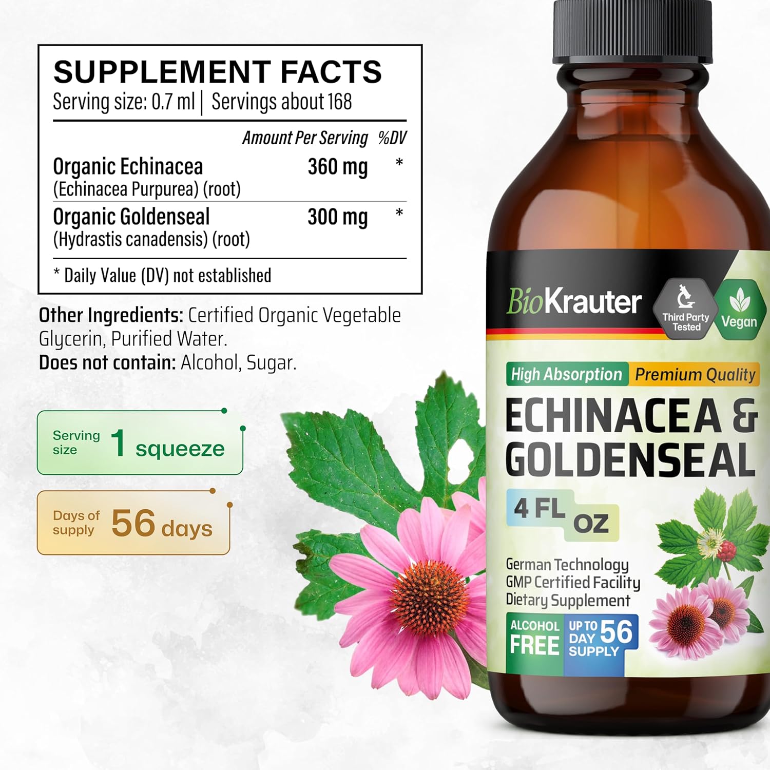 Echinacea and Goldenseal Tincture with Olive Leaf - 8 Fl. Oz. Immune Support Supplement