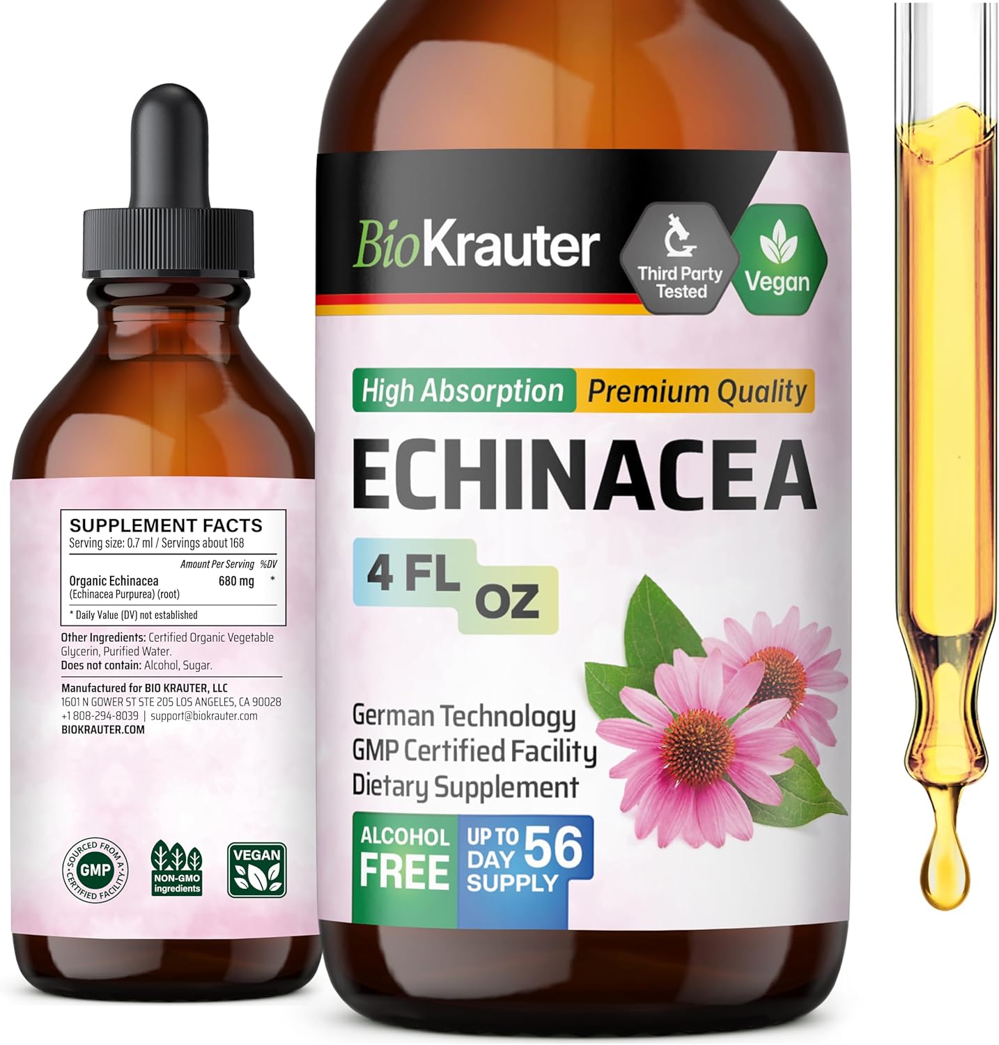 Echinacea Drops for Natural Immune Support - Vegan and Alcohol-Free Tincture - 4 Fl.Oz.