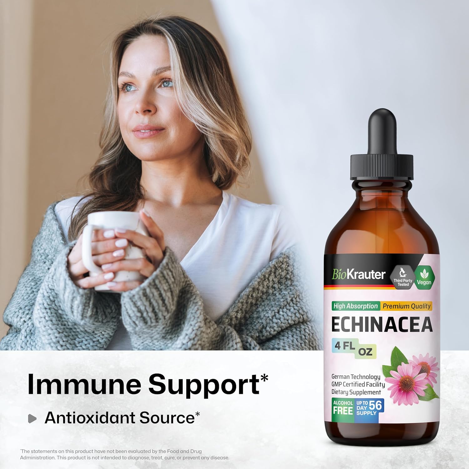 Echinacea Drops for Natural Immune Support - Vegan and Alcohol-Free Tincture - 4 Fl.Oz.