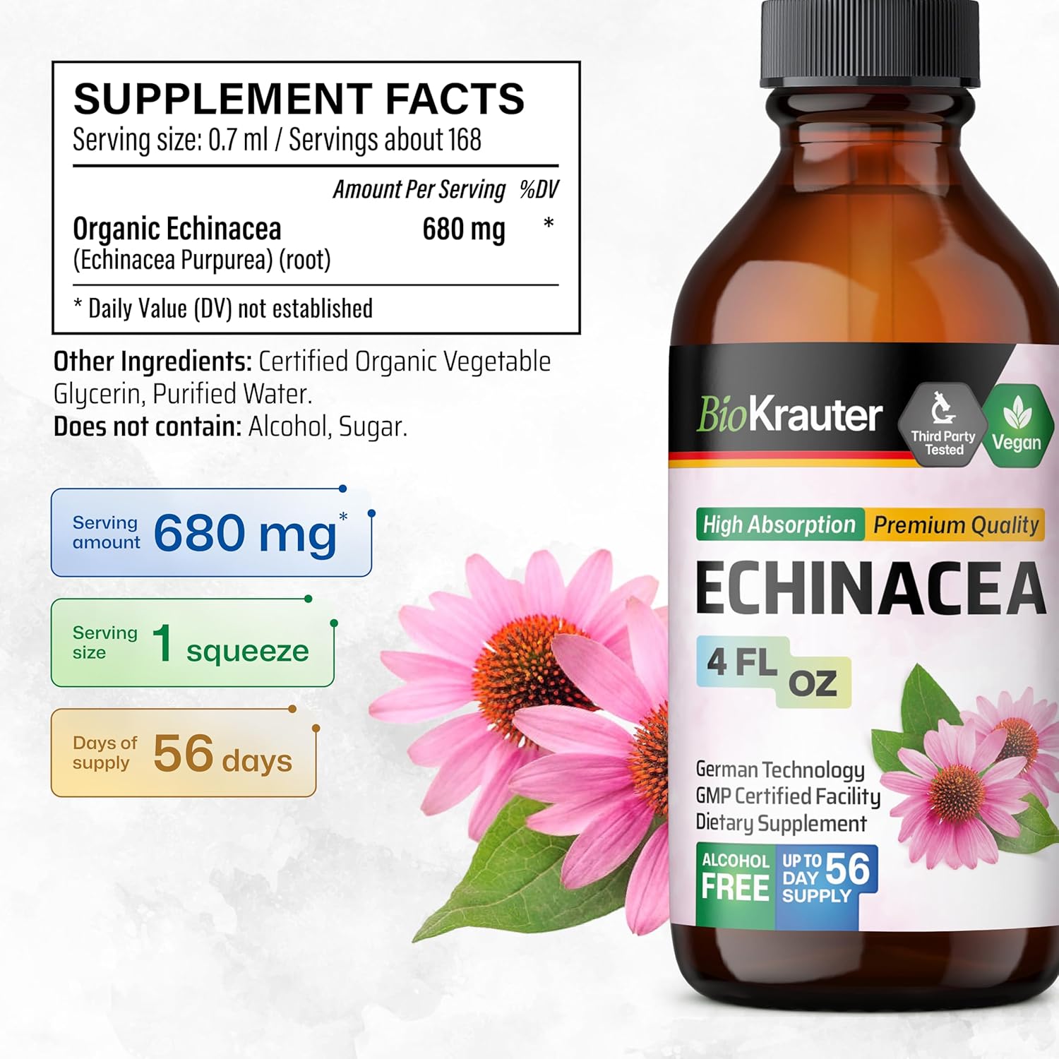 Echinacea Drops for Natural Immune Support - Vegan and Alcohol-Free Tincture - 4 Fl.Oz.