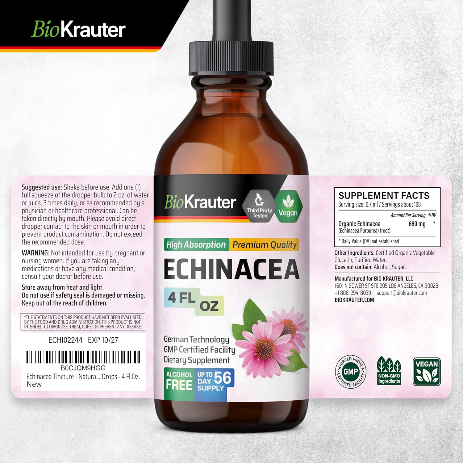 Echinacea Drops for Natural Immune Support - Vegan and Alcohol-Free Tincture - 4 Fl.Oz.