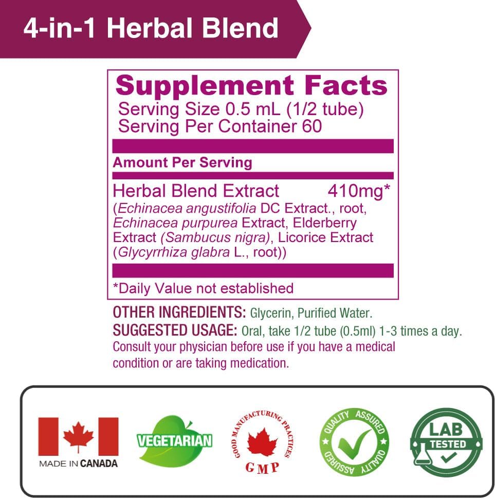 Echinacea Extract Liquid with Elderberry and Licorice | 1 FL OZ | 350 mg per Serving | Concentrated Herb Tincture | Vegan | Alcohol-Free