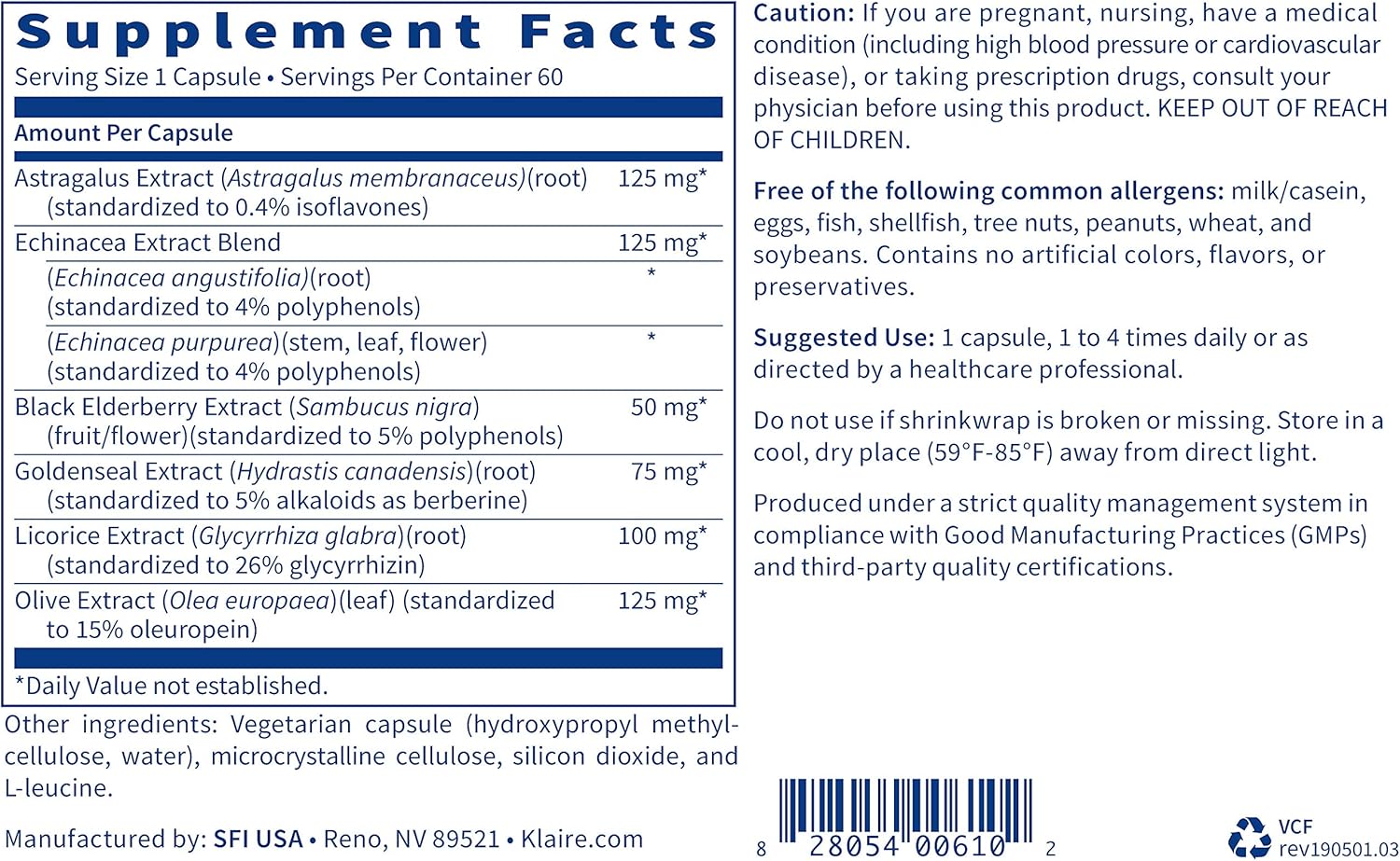 Echinacea & Goldenseal Immune Support Blend - 60 Capsules by Klaire Labs Virathera CF