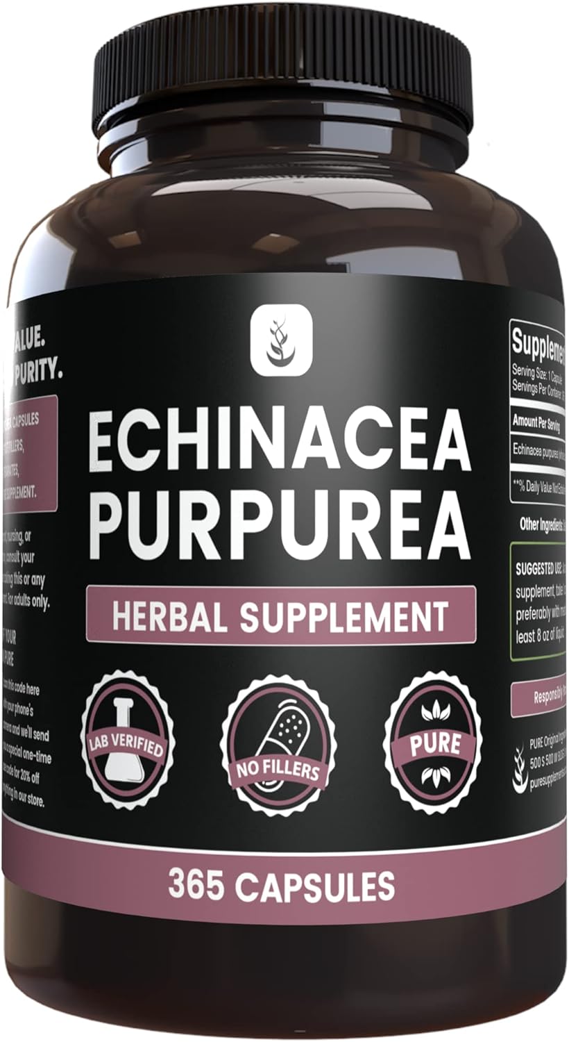 Echinacea Purpurea Capsules - 365 Count, No Magnesium or Rice Fillers, Lab Verified & Pure Ingredients