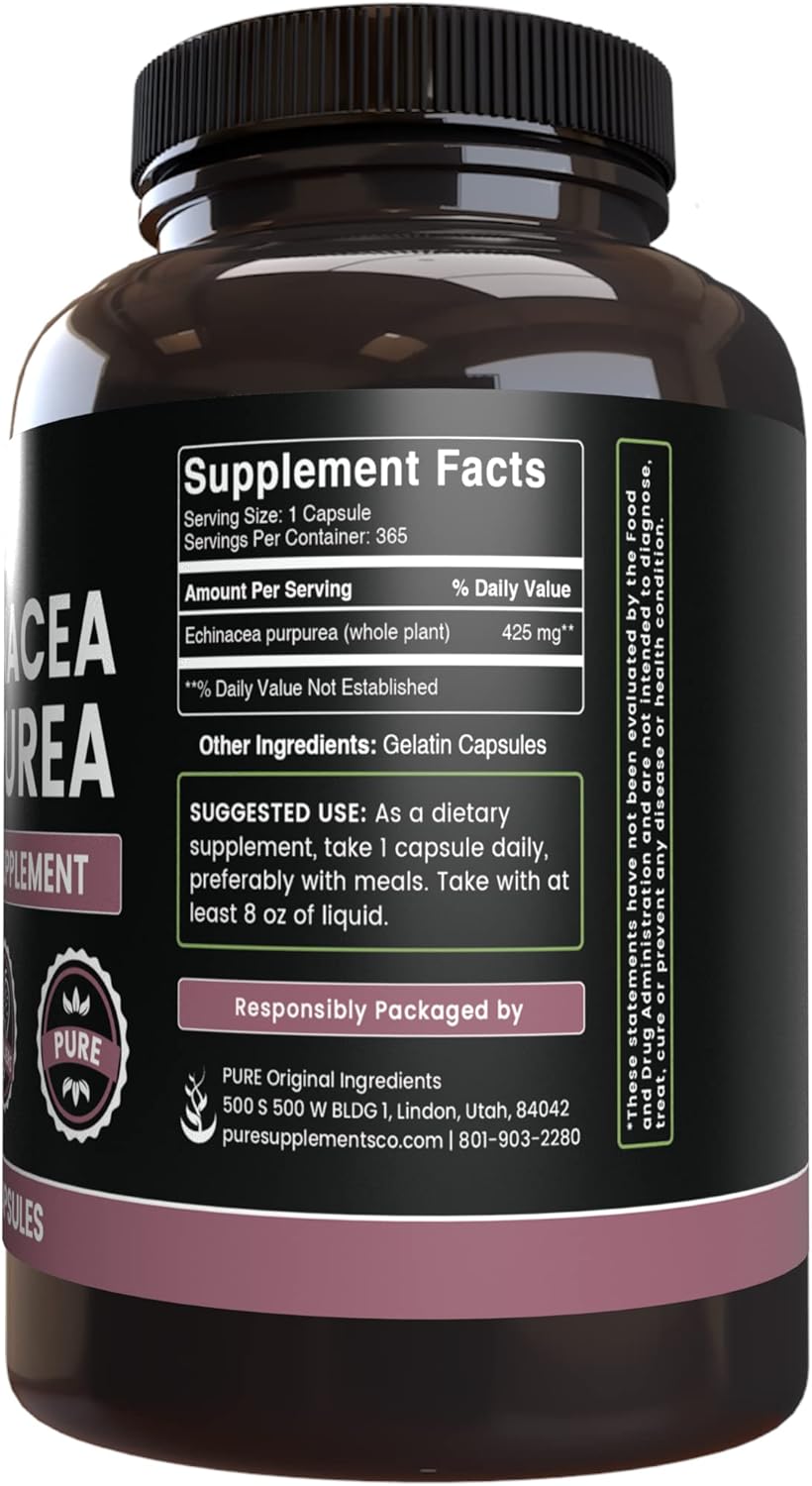 Echinacea Purpurea Capsules - 365 Count, No Magnesium or Rice Fillers, Lab Verified & Pure Ingredients