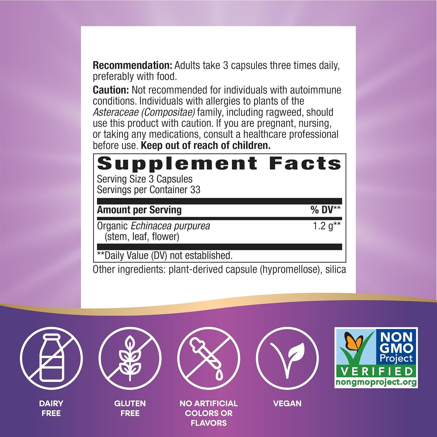 Echinacea Purpurea Herb Capsules - 1200mg per Serving, Immune Support, Non-GMO, Vegan - 100 Count