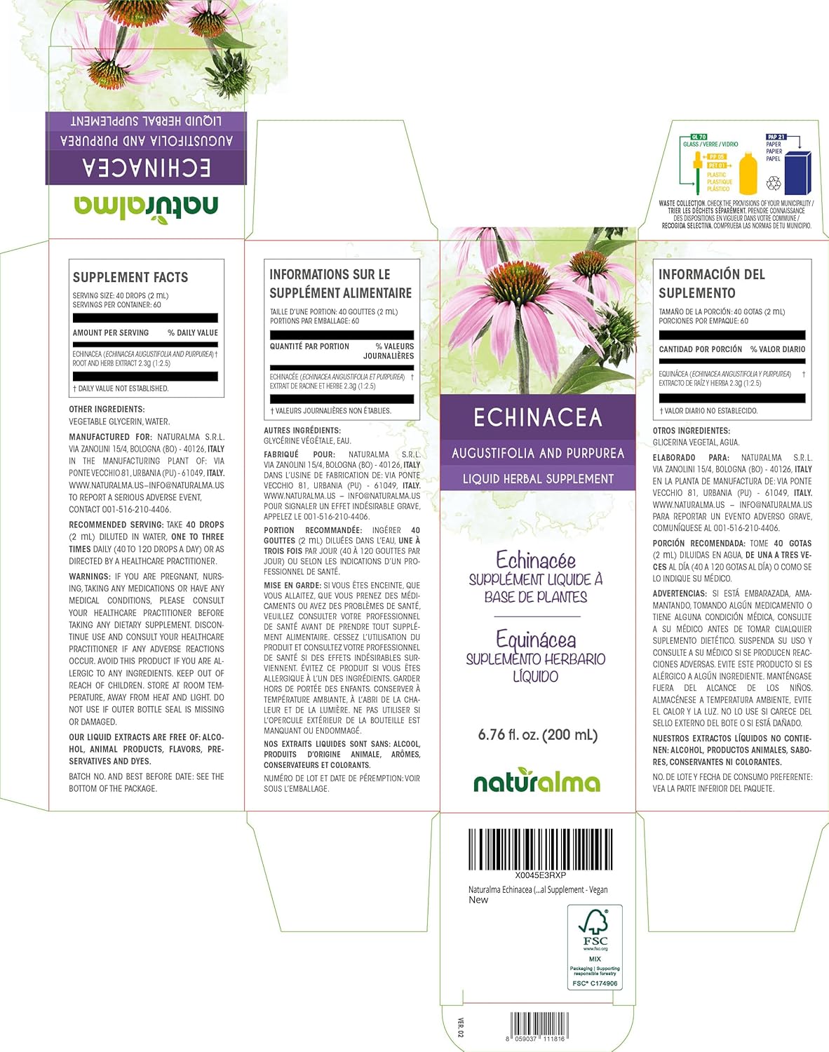 Echinacea Root and Herb Alcohol-Free Tincture - 6.76 fl oz Liquid Extract - Herbal Supplement - Vegan Friendly