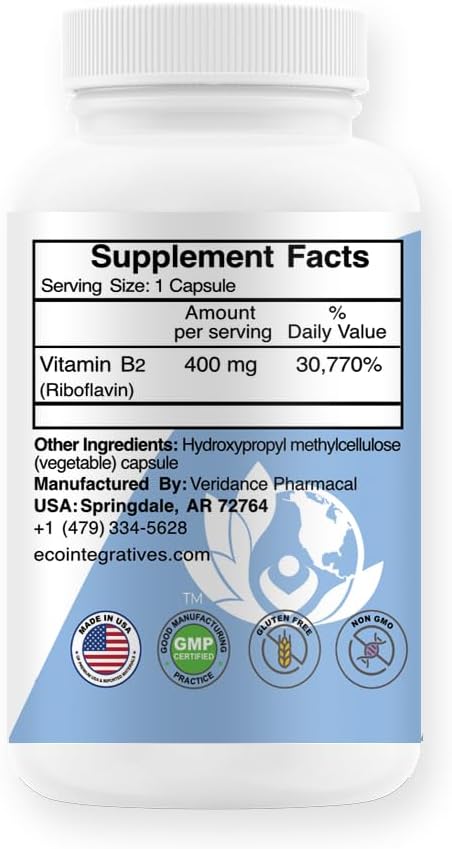 EcoIntegratives B2-400 Riboflavin Supplement - Supports Nervous System, Cardiovascular Health, Energy, and Metabolism - 60 Capsules