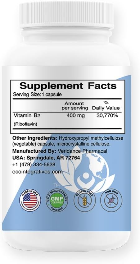 EcoIntegratives B2-400 Riboflavin Supplement for Nervous System Health, Energy Boost, and Metabolism Support (120 Capsules)