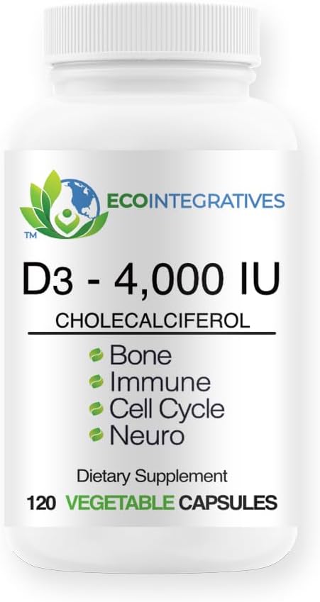 EcoIntegratives D3 4,000 IU Supplement for Muscle, Bone, Teeth, Breast, Prostate, Heart, Gut, & Immune Health - 120 Veg Caps