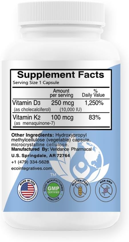 EcoIntegratives D3+K2 10,000IU Capsules for Bone, Cardiovascular & Immune Support